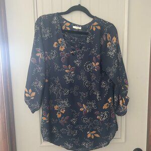Women's Navy Floral Maurices 3/4 Sleeve Size Large Blouse